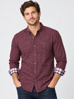 Report Collection Men's L Burgundy Geometric Button Down Plaid Cuff Cotton Shirt